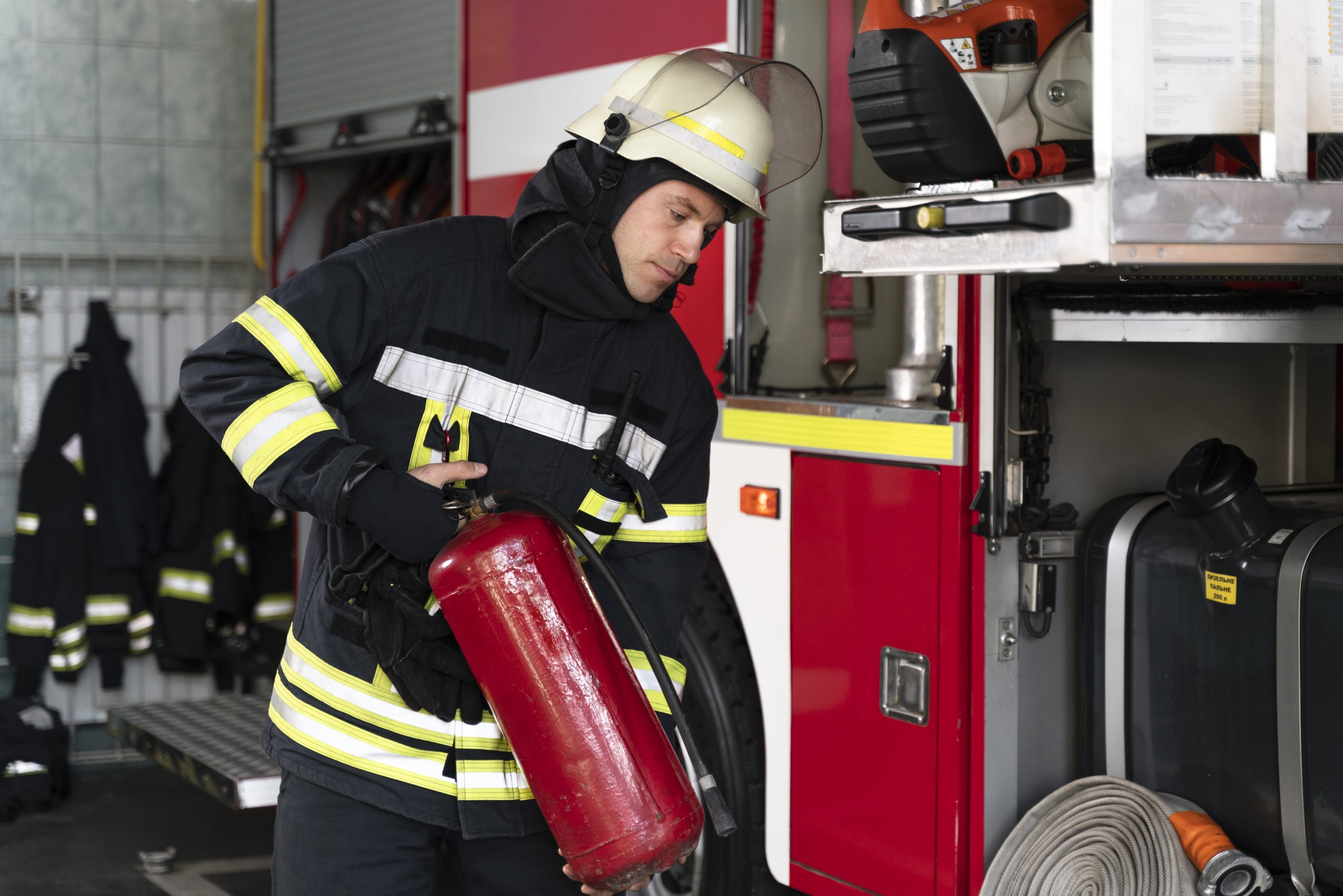 male firefighter station equipped with suit safety helmet scaled